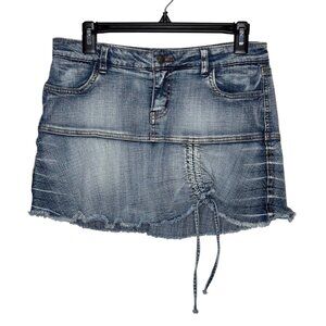 Vtg Y2K Ruched‎ Jean Denim Micro Mini Skirt Raw Edge Size 9/10 Festival Skater